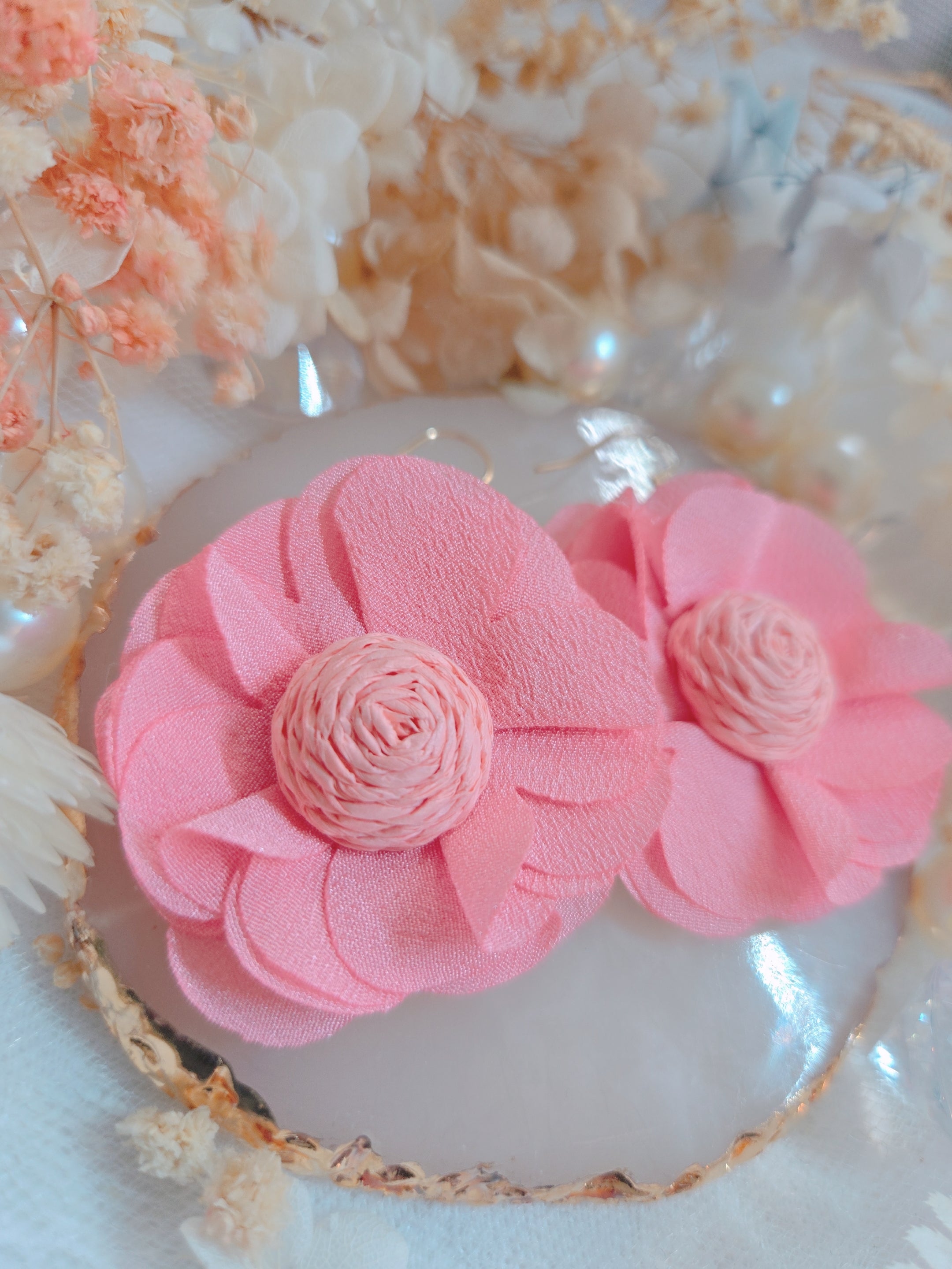 Pink Fabric Flower Dangle Earring