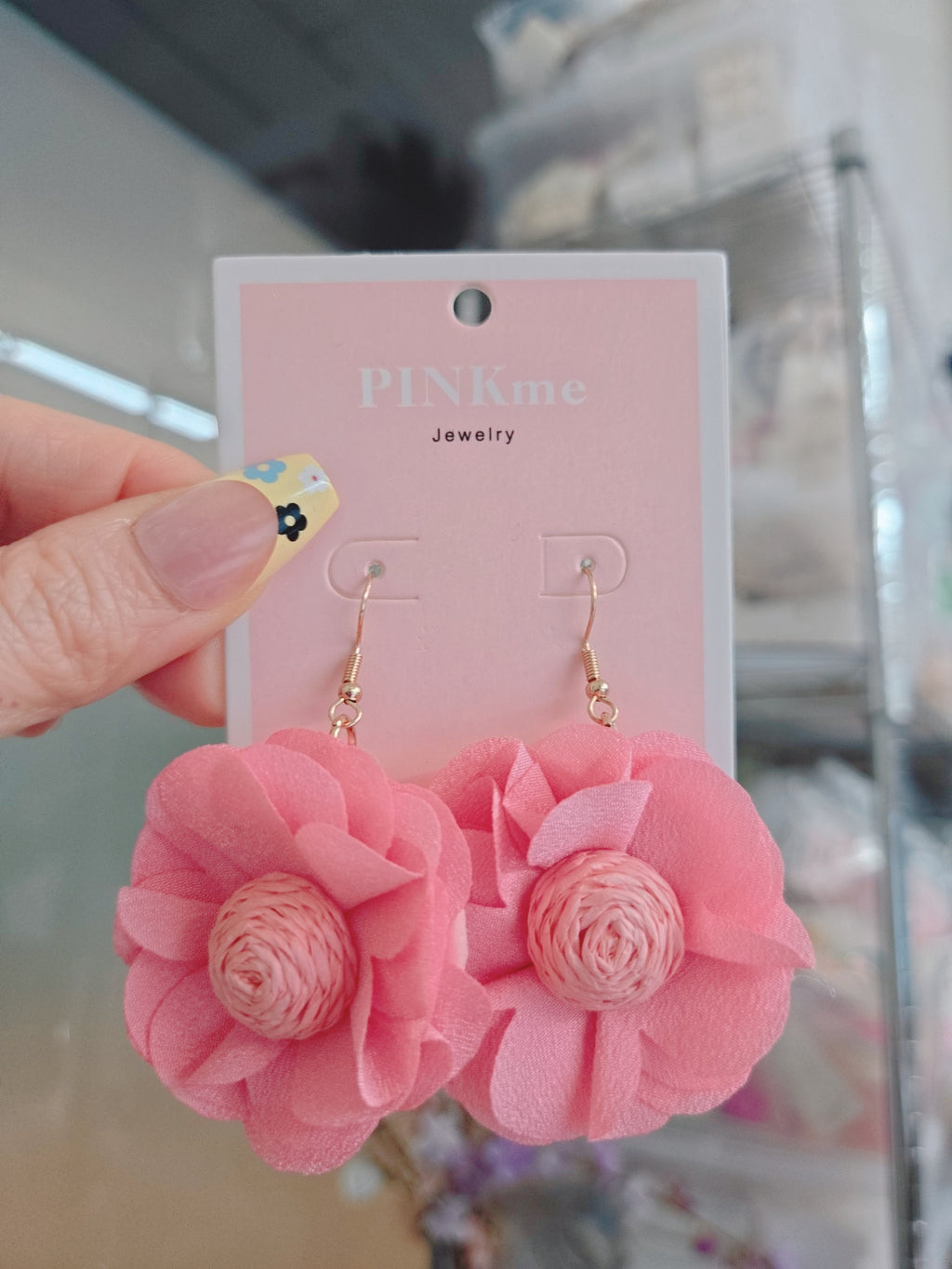 Pink Fabric Flower Dangle Earring