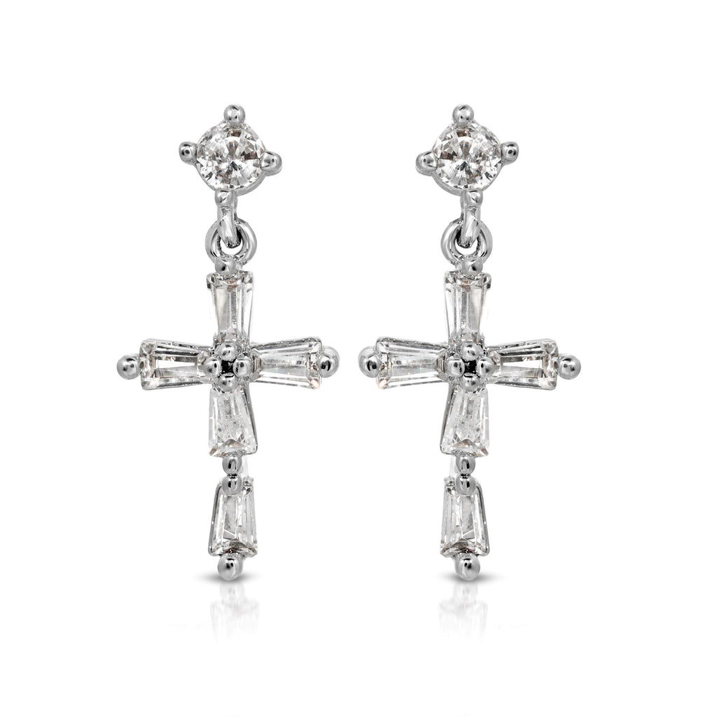 SS071511-Sterling Silver Post Cubic Zirconia Stone Brass Metal Dangle Earrings